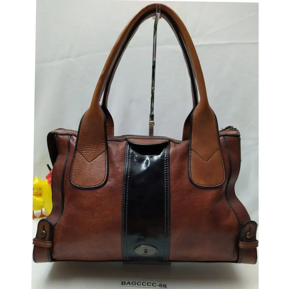 Fossil Maddox Brown Leather Black Stripe Zipper Satchel Shoulder Bag